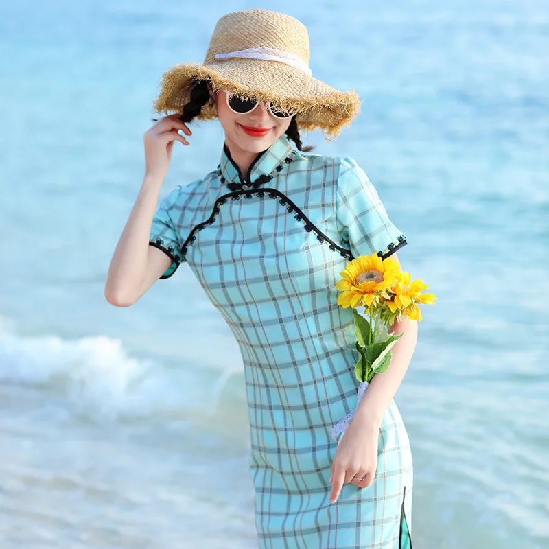 

Chinese Style Classic Blue Plaid Short Sleeve Qipao Daily Dress Oriental Vintage Improved Cheongsam Modern