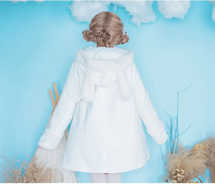 

Autumn winter kawaii girl daily sweet lolita coat cute bowknot rabbit ears cap keep warm kawaii overcoat loli cosplay