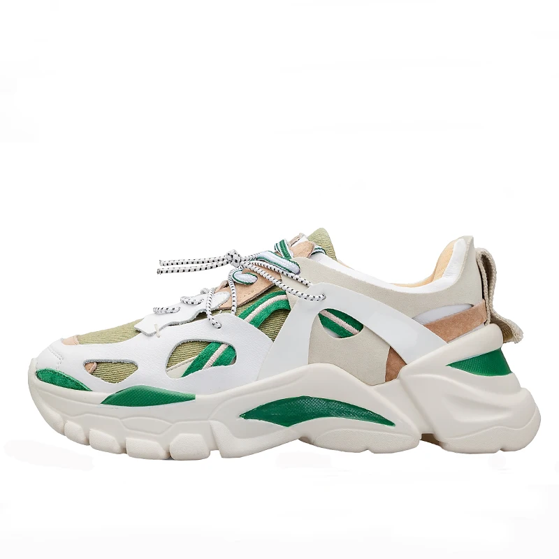 

New Straps Casual Thick Bottom Women Shoes Comfortable Patchwork Ladies Sneakers Genuine Leather Round Toe Leopard