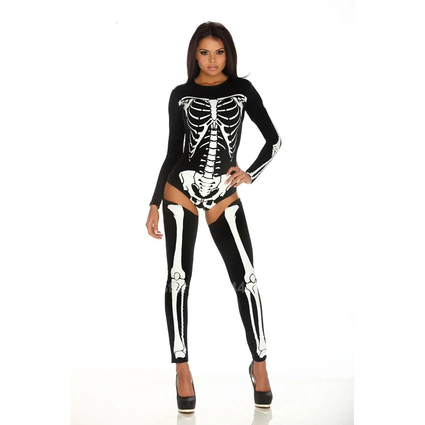 

Halloween Ghost Skeleton Print Women Cosplay Costume Masquerade Sexy Horror Queen Bodysuit Suspender Garters Strap Stockings
