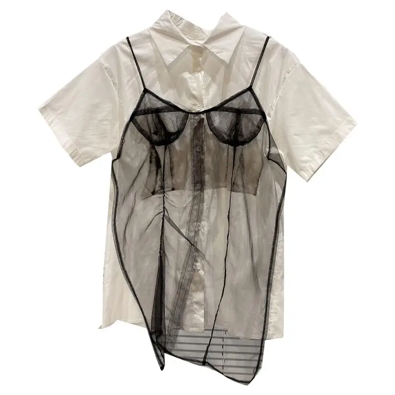 

Women's White Oversized Blouses 2021 Summer Fashionable Mesh Camisole Stitching Shirt Female Short Sleeve Casual Loose Top