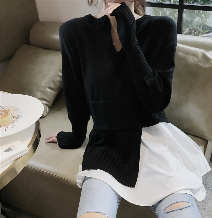 Korobov Autumn Winter New Irregular Women Sweaters Korean Long Sleeve Hit Color Patchwork Sueter Mujer Slim Knit Pullover 79170 | Женская