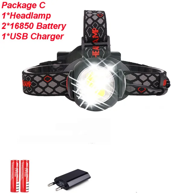 Package C Мощная яркая фара T6+ COB Светодиодный фонарь с вращением на 360 градусов, USB Перезаряжаемый водонепроницаемый лучший походный фонарик для улицы - Испускаемый цвет: Package C