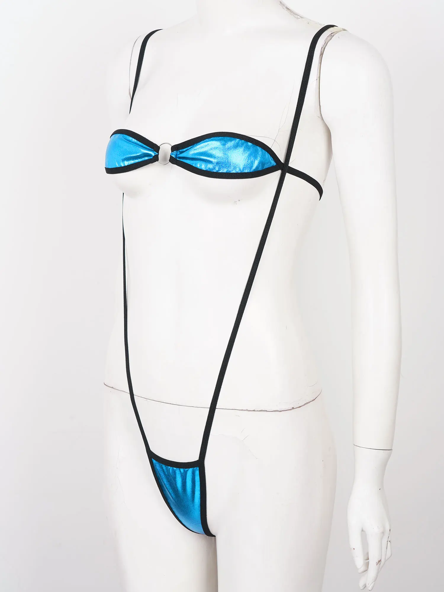 

Womens Patent Leather Bikini Lingerie Suit Metallic Sexy Bikini Set Swimsuit Swimwear Summer Beachwear Lace-up Bra with G-string