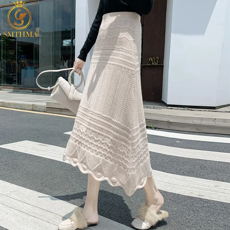 

SMTHMA Casual A-Line Sweater Skirt Female New Autumn Winter Mid-Length Elegant Hollow Out Women Faldas Mujer Moda 2021