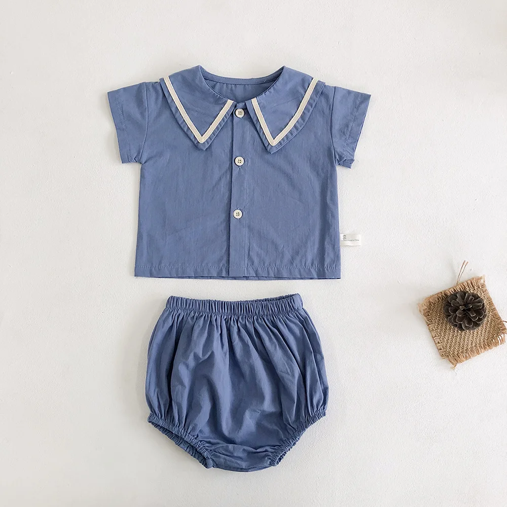 

2020 Summer Ins Baby Academy Two Pieces Sets Short Sleeve Open Button Top + Bread PP Short Pants 2-piece Set For Baby Girls Boys
