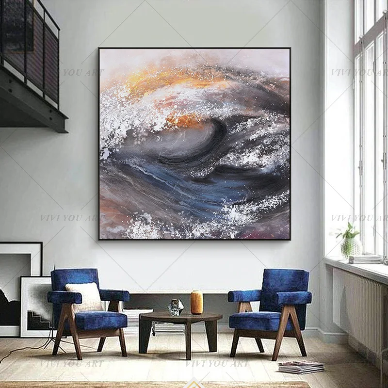 

100% Handmade Orange Sea Waves Wall Paintings Modern Abstract Oil Painting on Canvas Hand Painted Beauty Home Decor Picture