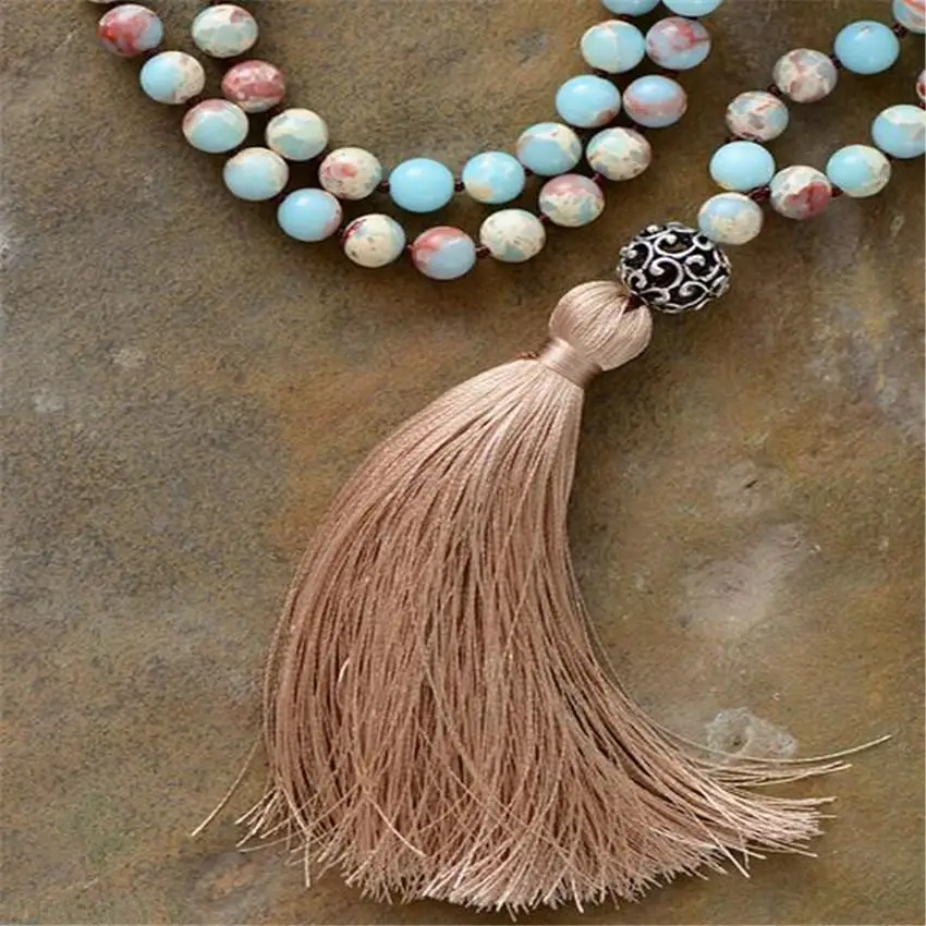 8 мм Цветок шкура яшма драгоценный камень 108 бусины кисточка Мала ожерелье