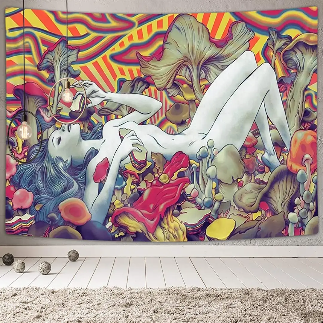 

Psychedelic Tapestry, Abstract Naked Girl Lying on Trippy Mushroom Wall Tapestry, Psychedelic Mushroom Tapestry Wall Hanging