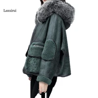 faux fur coat green winter jackets high quality faux lamb wool coat long sleeve hooded zipper short fur coat women outwear