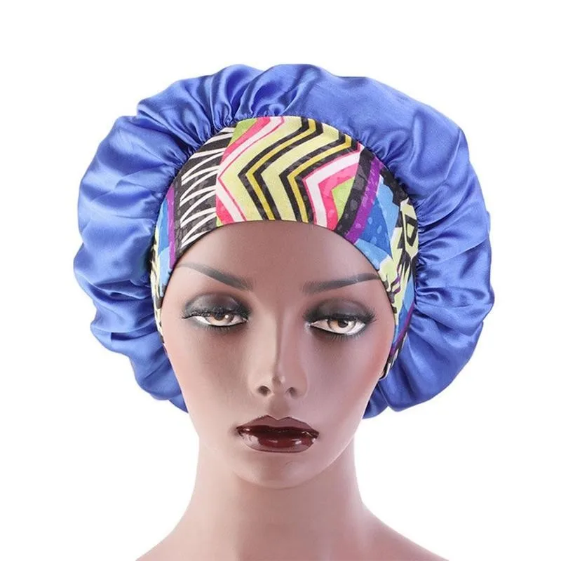 

Wide Edge Sleeping Cap Color Long Hair Satin Bonnet Hat Chemo Soft Caps Elastic Flowers Printed Salon Head Cover Women
