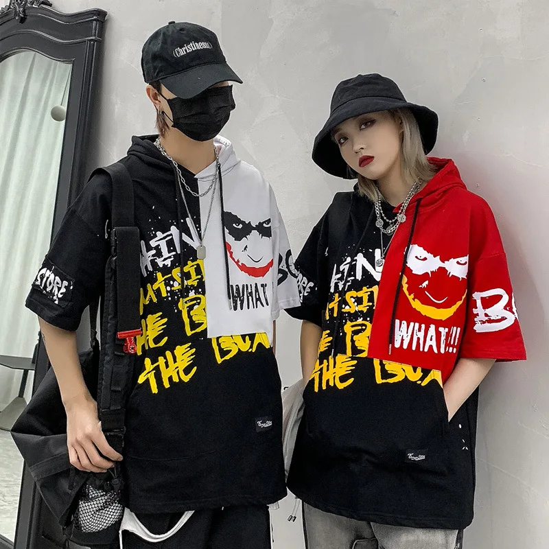 

Matching Graffiti Printed Hooded T-shirt Men's Summer Thin European and American Popular Brand Hip-hop Loose Half-Sleeve Hoodie