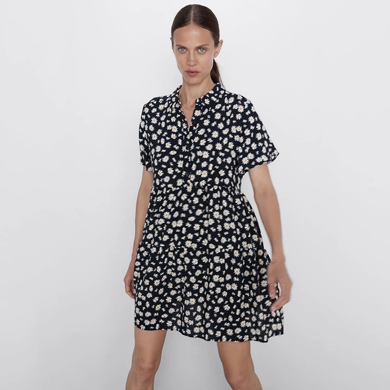 Новое платье ZA с принтом маргаритки женское модное мини коротким рукавом и