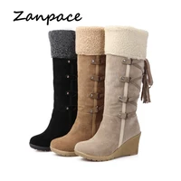 2020 autumn large size 43 snow boots wedges keep warm winter women boots tassel high heel round toe knee high womens shoes