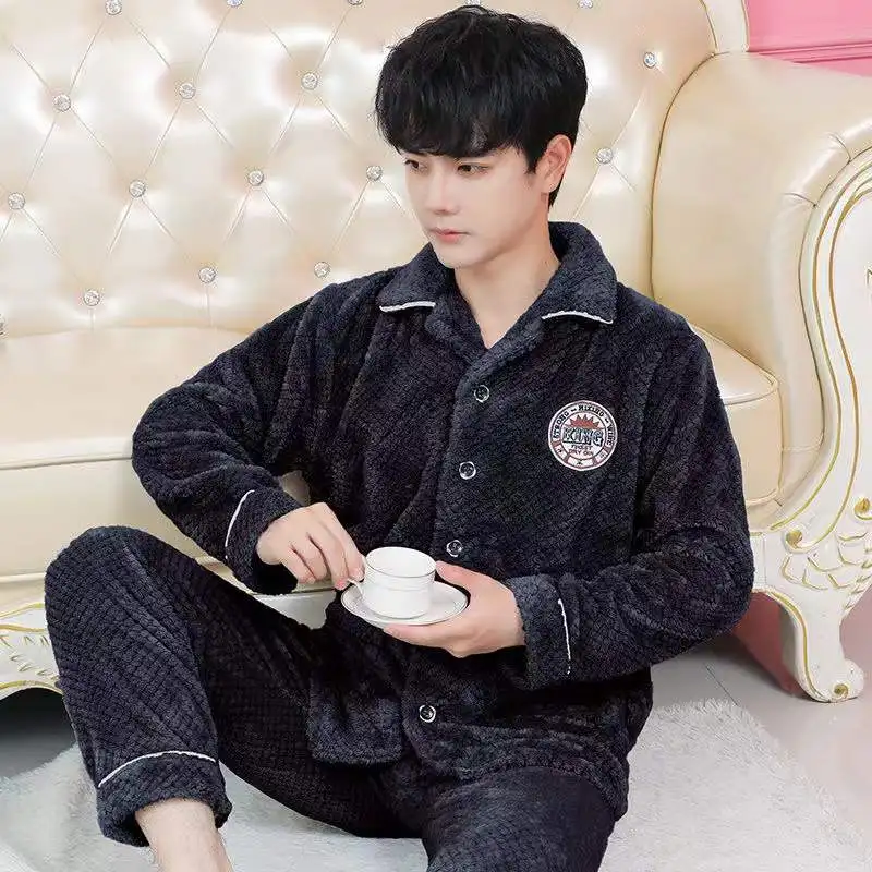 Winter Pajama Set Men's Flannel Thicken Warm Sleepwear L-3XL Pyjamas Long Sleeve Trousers Plus Size Loose Nightgown Male