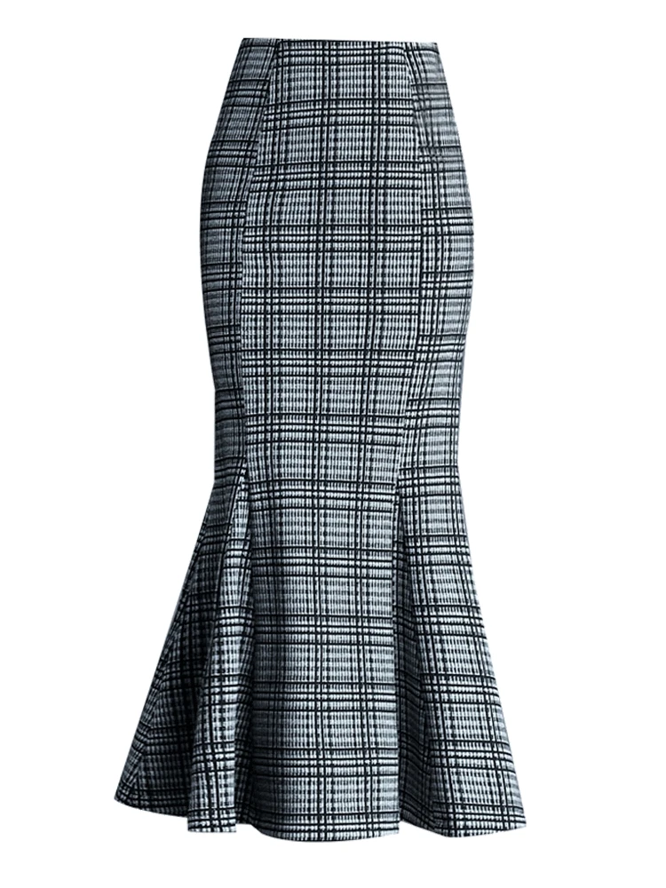 

New Arrival Fashion High Quality Plaid Fishtail Skirt Women Autumn Winter Long Casual Trumpet / Mermaid Mid-calf Plus Size S-4XL