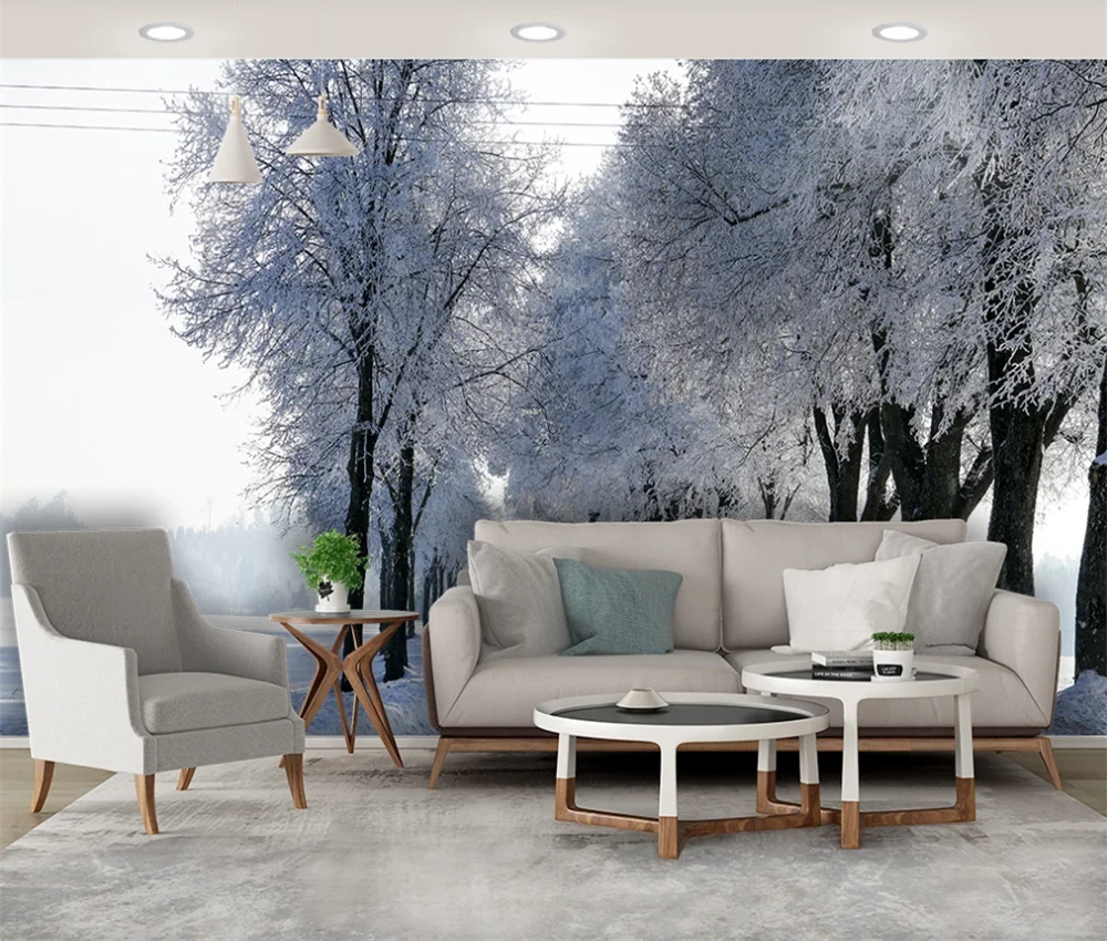 Пользовательские 3d обои скандинавский Зимний снег сцена дерево Серебряный