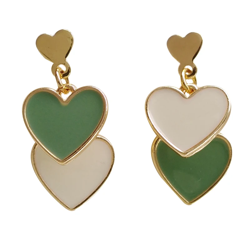 

S925 needle Trendy Jewelry Heart Earrings Asymmetrical Sweet Style Double Green White Love Drop Earrings For Girl Lady