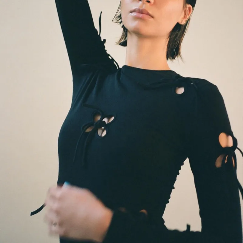 Модная женская футболка с бандажом-бабочкой ажурная женский черный кроп-Топ