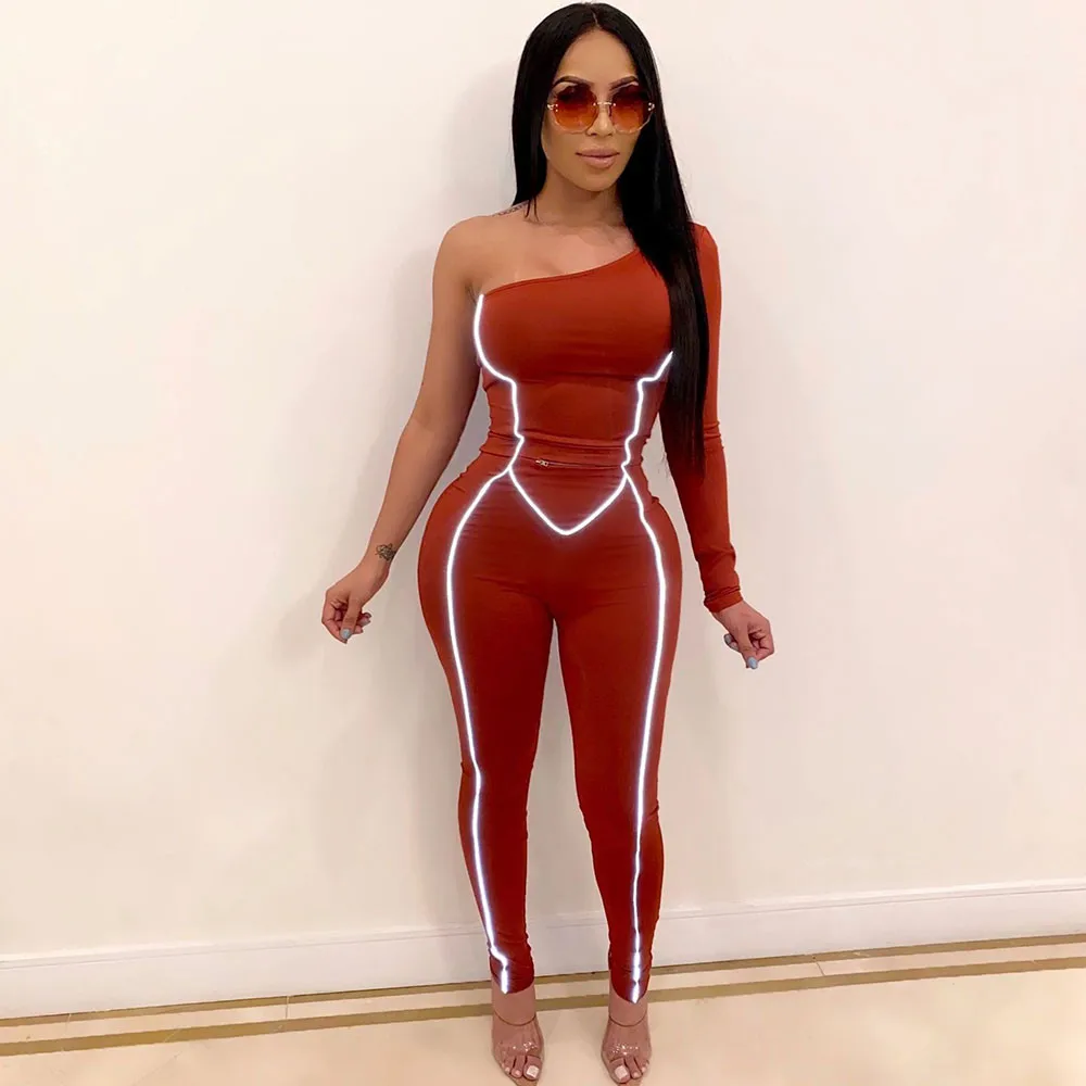 Женский Облегающий комбинезон на одно плечо однотонный светоотражающий в