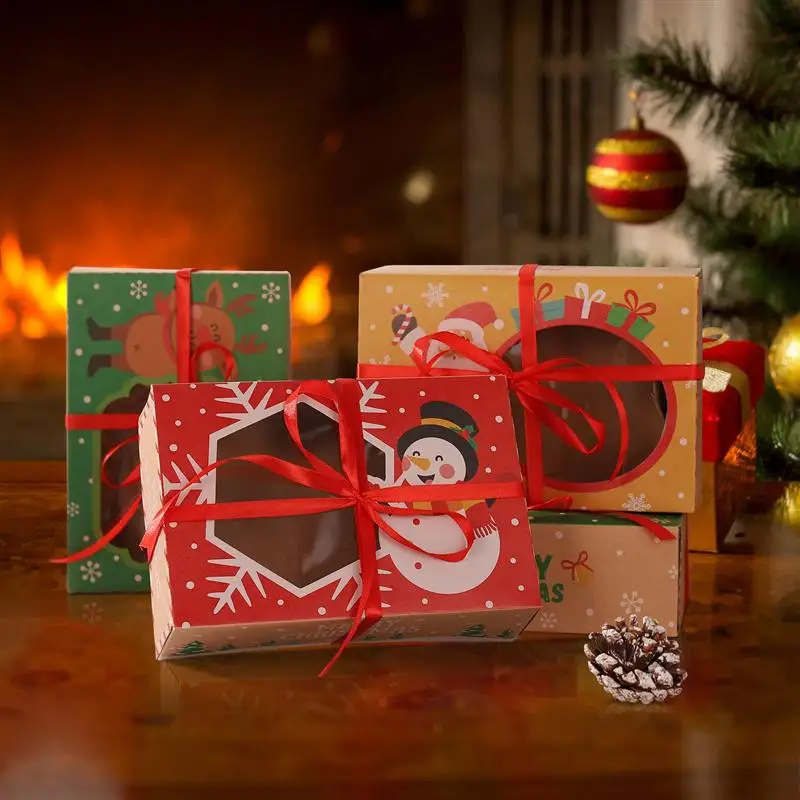 

12pcs Christmas Cookie Boxes Kraft Paper Boxes with 1 Roll/22m Ribbons Gift Candies Boxes for Christmas Party Holidays Banquets