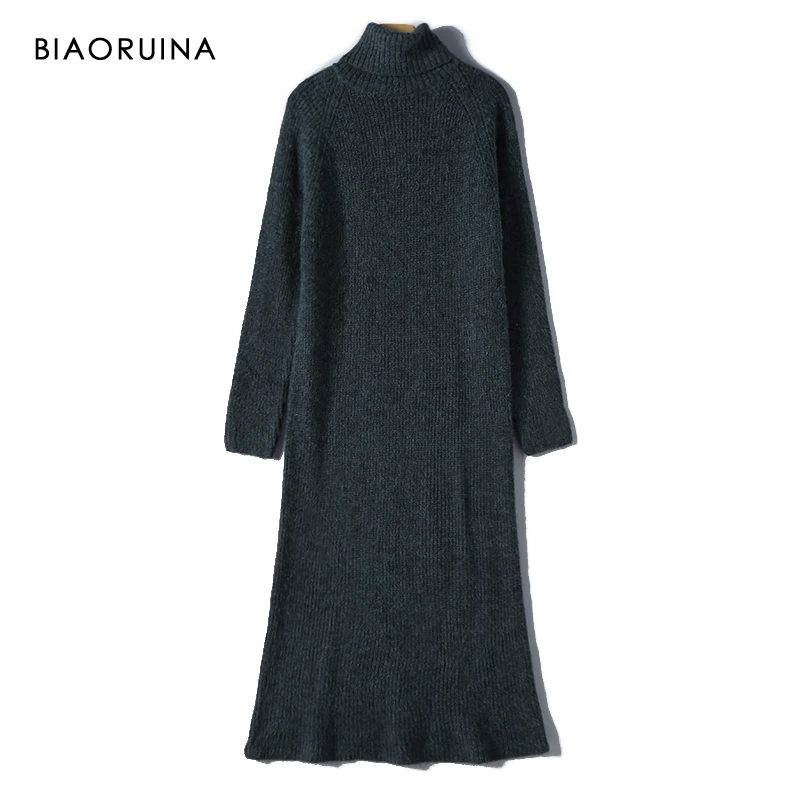 BIAORUINA женское теплое плотное зимнее длинное трикотажное платье длина до середины