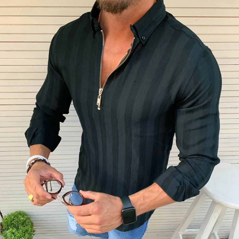 

Plus Size Men Shirts Business Blouse Slim Fit Casual Striped Print Turn-Down Collar Zipper Male Shirts Tops Long Sleeve Clothes