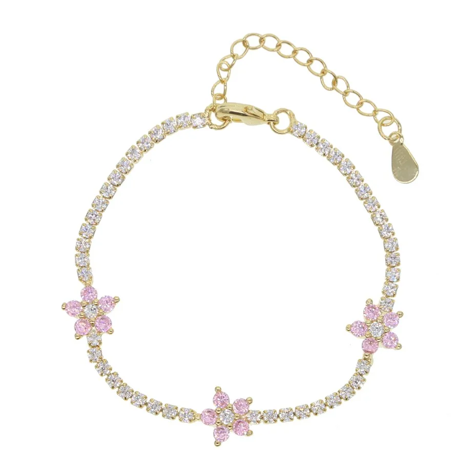 pink bracelet Высокое качество Тонкий Теннис Cz цепи пастельные красочные цветок маргаритки Шарм Элегантный женский браслет ожерелье комплект ювелирных изделий - Окраска металла: pink bracelet