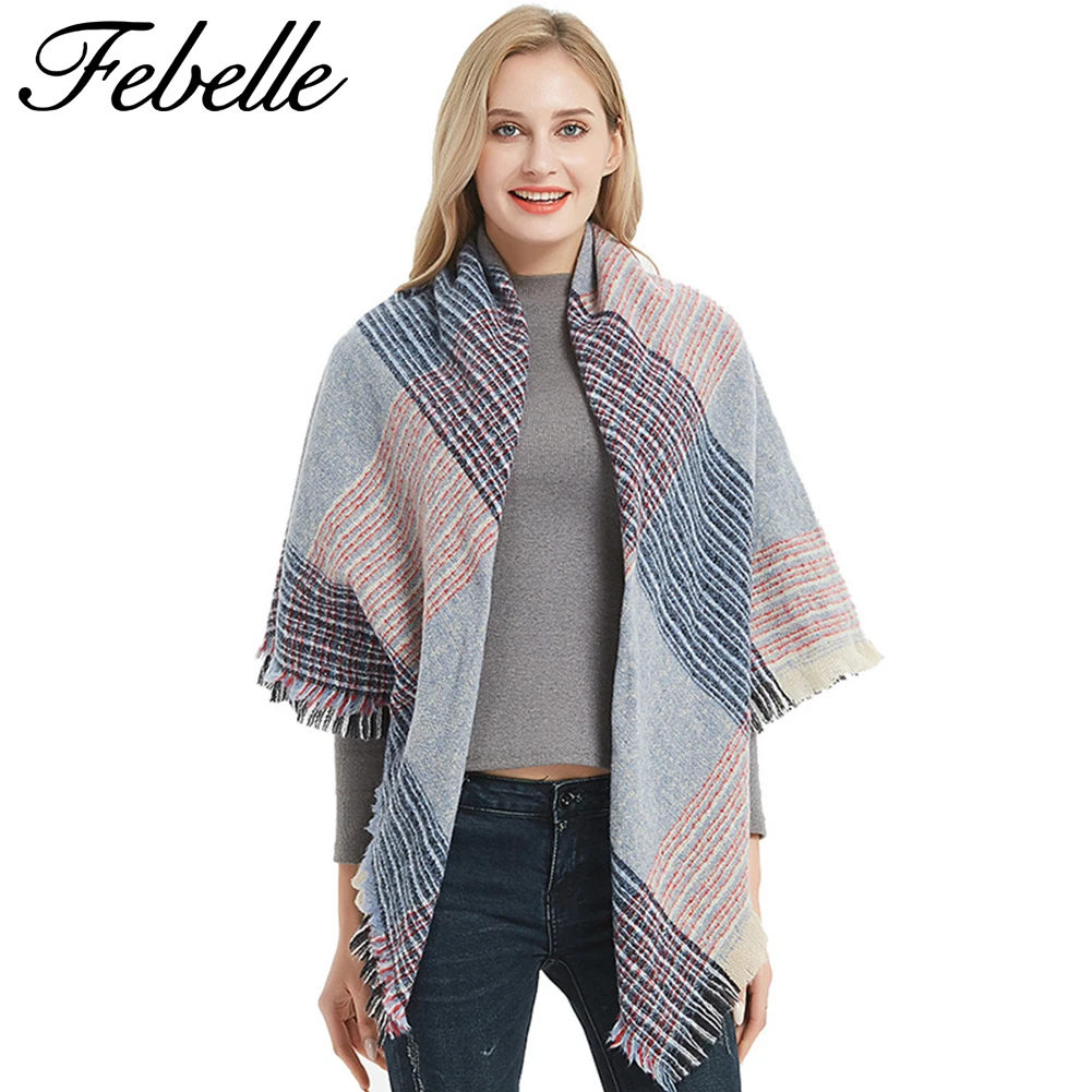 Febelle 240g для женщин Зимний кашемировый шарф в клетку треугольный мягкий теплый