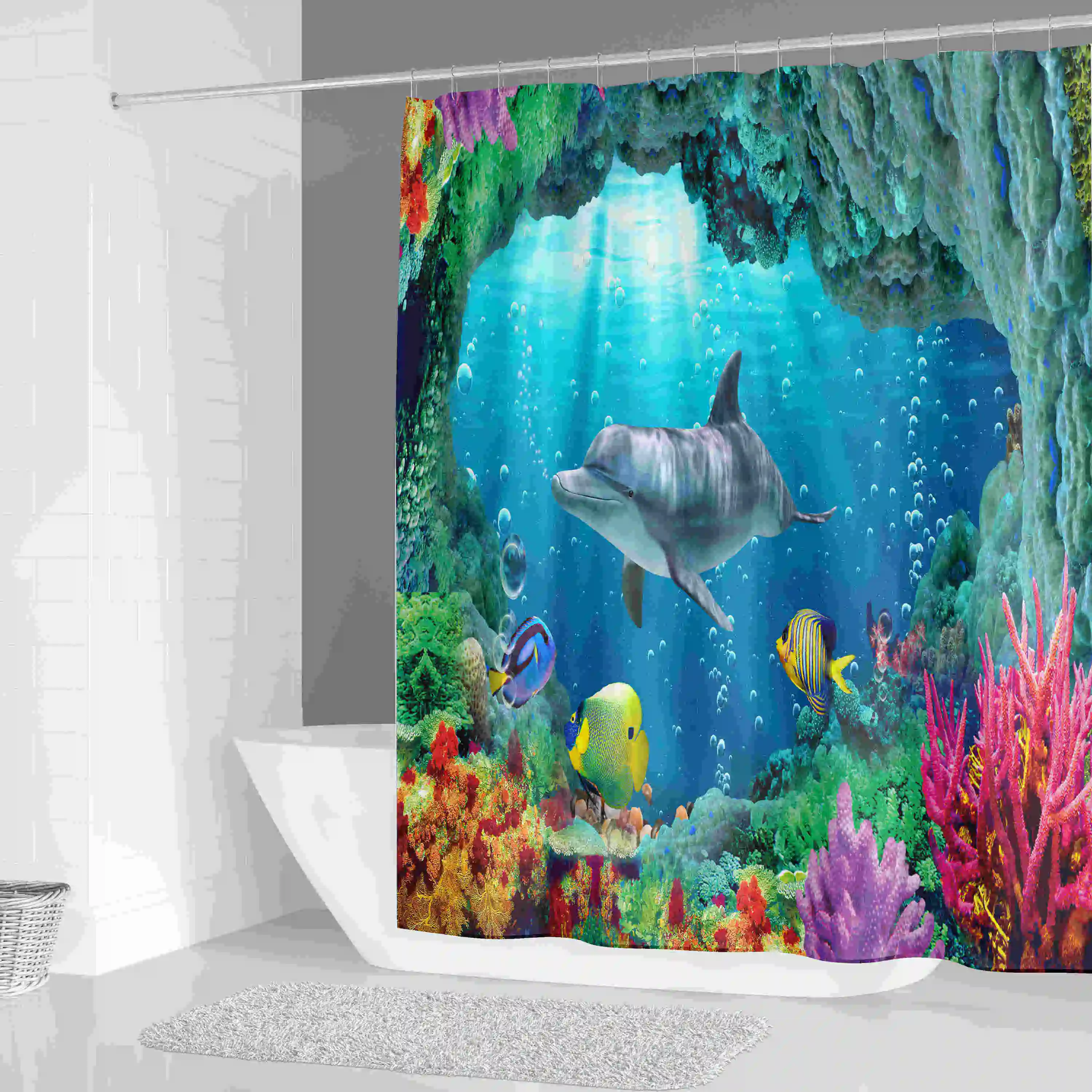 

Underwater World Shower Curtain Waterproof Fabric Shower Curtain Bathroom Decoration with 12 Hooks