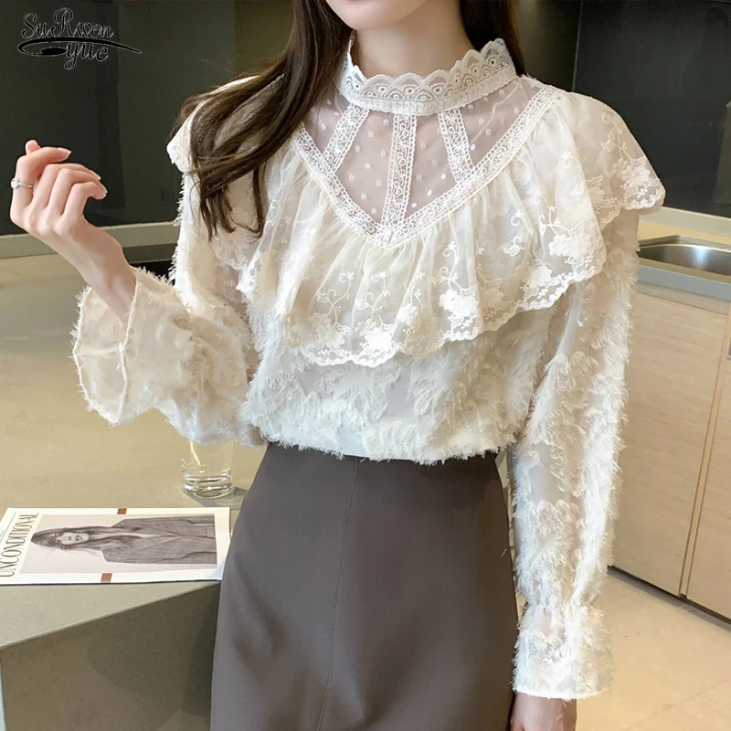 

Hook Flower Hollow Stand Collar Chic Tassel Apricot Top Korean Mesh Ruffled Patchwork Blouse Spring Lace Long Sleeve Shirt 13409