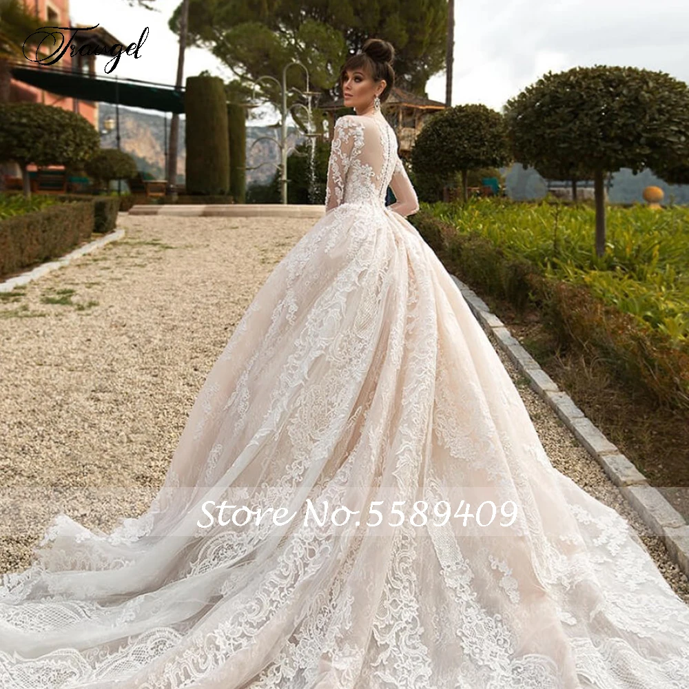Traugel Luxury Scoop Neck Long Sleeve Lace Vintage Wedding Dresses Elegant Applique Button Cathedral Train A Line Bridal Gown