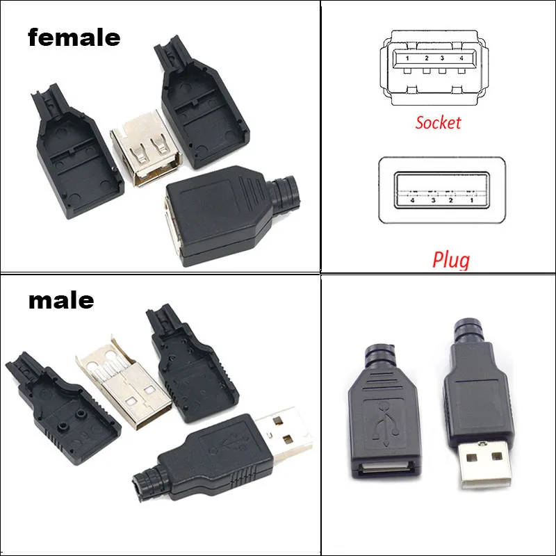 

4-контактный разъем USB 2.0 типа A папа мама с черной крышкой Наборы «сделай сам» 5 в 1,5a-2A
