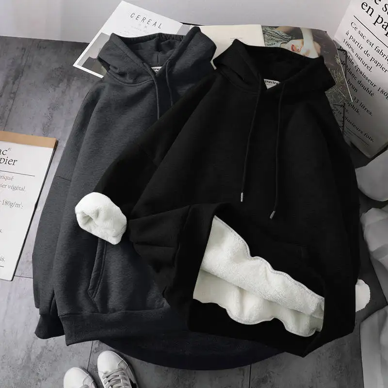 

2020 Women Winter Sports Hoodies Thickened Warm Imitation Cashmere Lining Cotton Hooded Large Size Loose Velvet Tops Sweatshirt