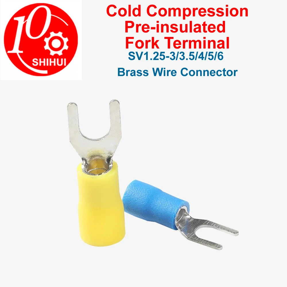 

Lot Packaged Forked Pre-Insulated Terminal SV1.25-3/4/5/6 Brass Wire Connector Cold Crimp Terminal Y Type U Type Wiring Lugs