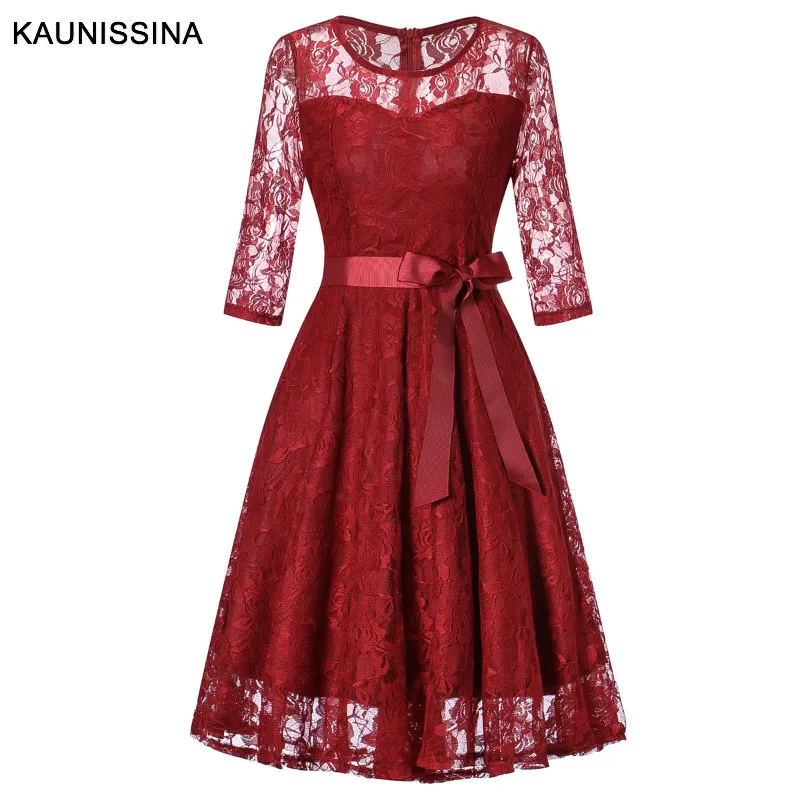Wine Red KAUNISSINA, элегантное кружевное коктейльное платье, рукав 3/4, открытое женское платье, халаты, коктейльное платье, платья для выпускного вечера - Цвет: Wine Red