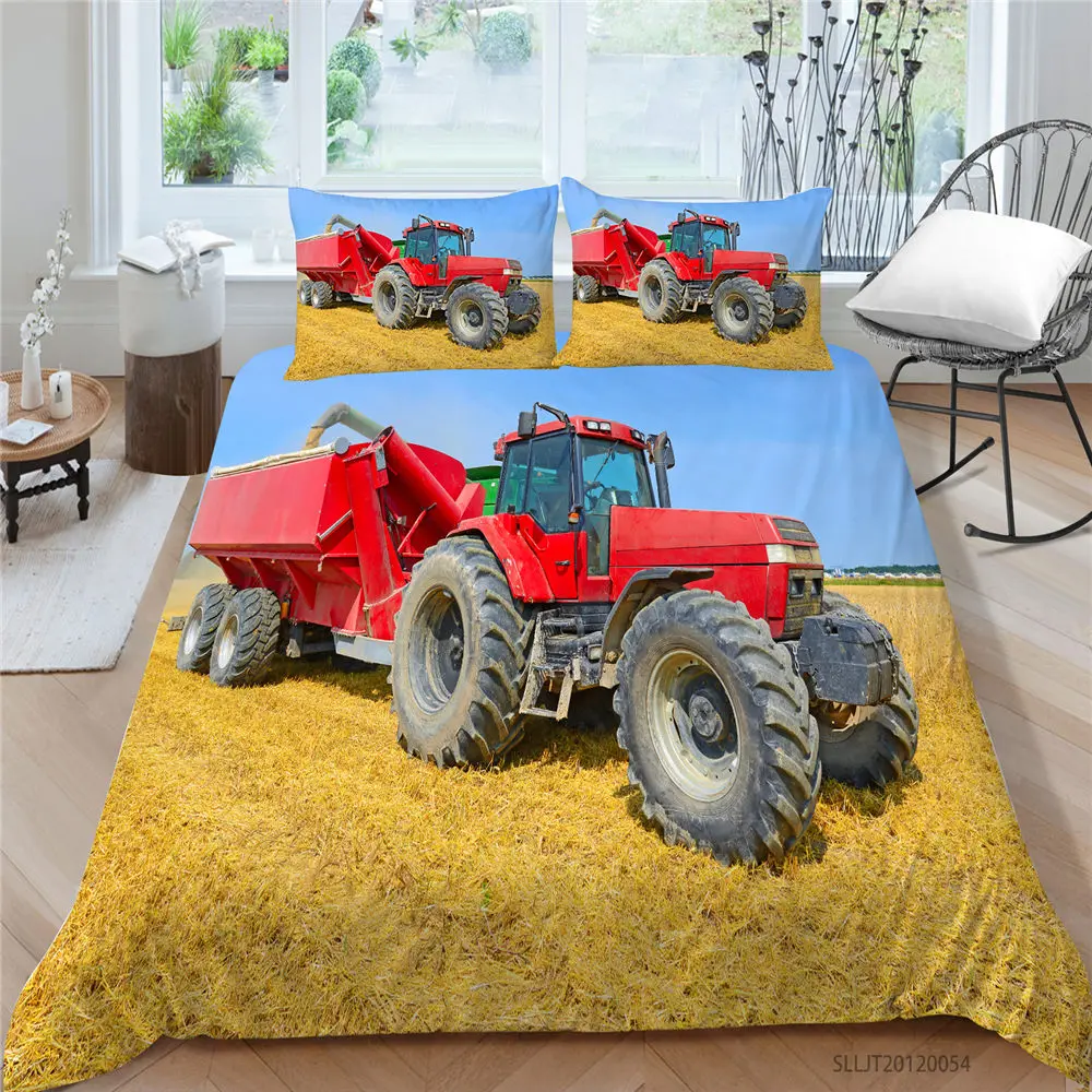 

Red Tractor Bedding Set For Man Cool Fashion Golden Grain Duvet Cover King Queen Twin Full Single Double High End Bed Set