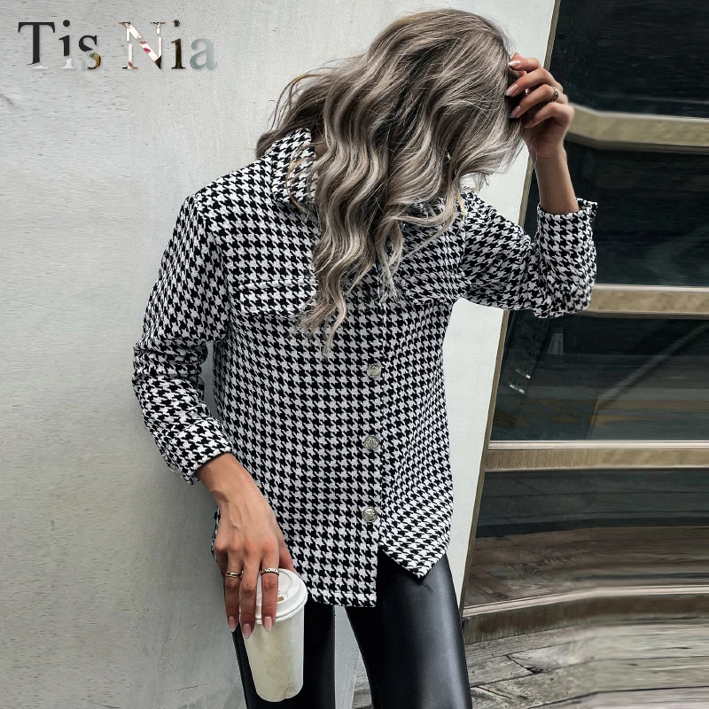 

Women's Houndstooth Jacket Black and White Check Wool Jacket Lapel Long Sleeve Winter New Casual Fashion Ladies Jacket 2021XL