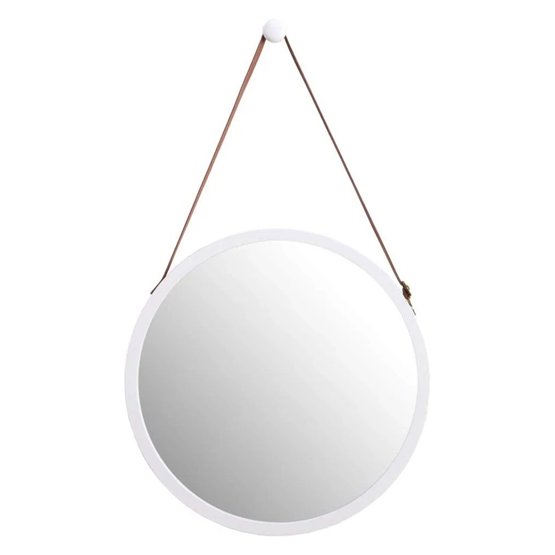 

Подвесное круглое настенное зеркало в ванной и спальне-прочная бамбуковая рамка и регулируемый кожаный ремешок (белый, 15 дюймов)