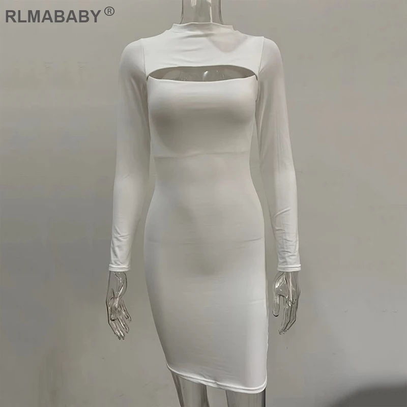 White Dress Rlmaaby, осенне-зимнее Двухслойное облегающее женское платье, вечерние платья для ночного клуба, мини-платье, Открытая грудь, длинный рукав, женское сексуальное платье - Цвет: White Dress
