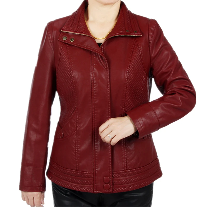 Spring Autumn Leather Jacket For Middle-aged Women Soft PU Faux Leather Coat