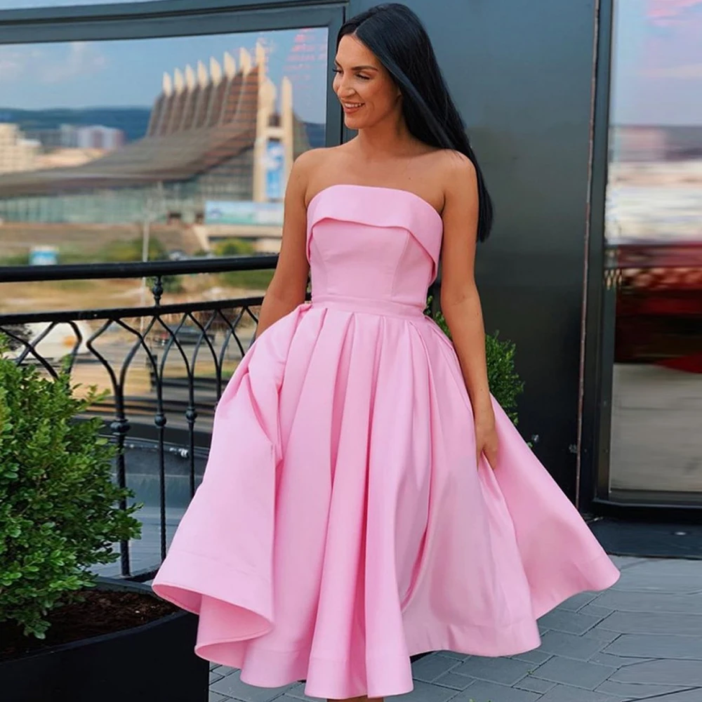 

Satin Strapless Evening Dresses Short 2021 Pink Simple Elegant A-Line Prom Gowns ​Sexy Custom Made Plus Size vestido de fiesta