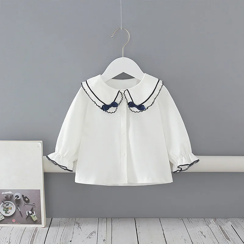 

2pcs/lot Spring Autumn Baby Girls Clothes Peter Pan Collar Long Sleeve Shirt Cotton Blouses For Girls Clothes 0-4Y