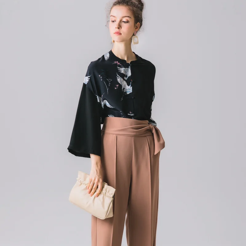 Женская шелковая блузка из 100% натурального шелка черная винтажная с принтом