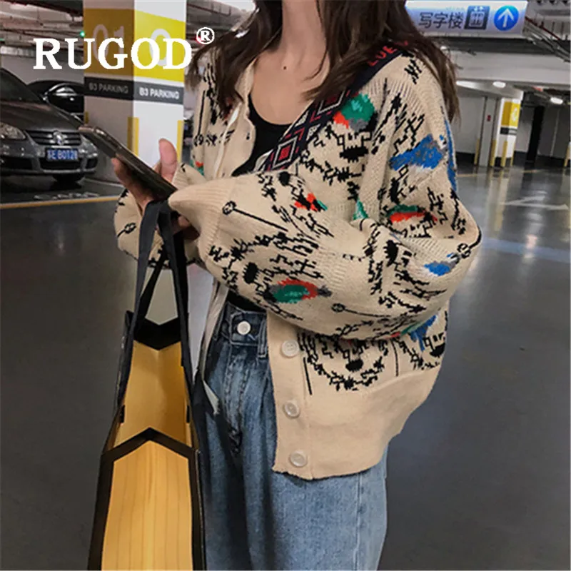 RUGOD Vintage printed knitted cardigan sweater women Fashion lantern sleeve auturm winter outwear single-breated |