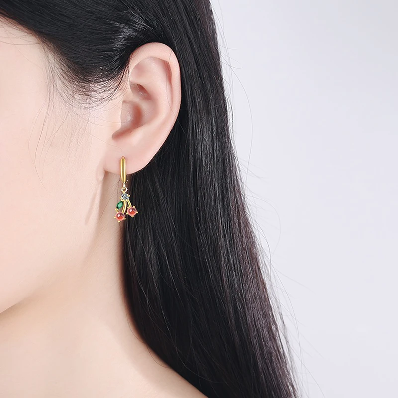 

Women's Fashion Cute Lovely Fruit Hoop Earrings With Pink Cherry Green Leaf Cubic Zircon Stone Pendant Huggies Earring Jewelry