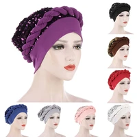 stylish baotou cap for women fashionable all match style shiny solid color nice looking sequin braid turban hat high quality