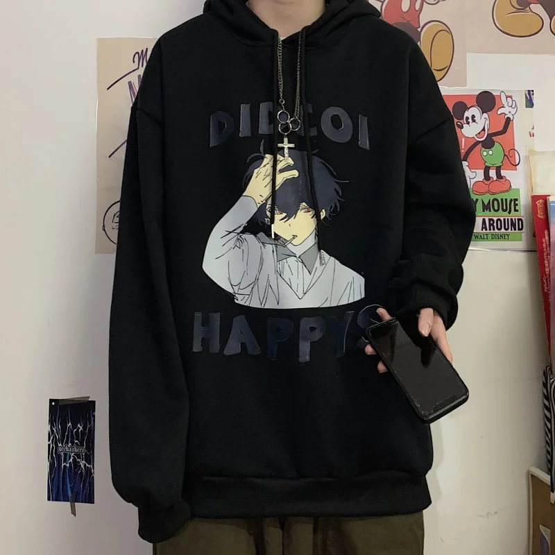 

HOUZHOU Cartoon Print Hoodies Anime Harajuku Black Hooded Sweatshirt Autumn Winter Long Sleeve Streetwear Oversized Goth Hoodie