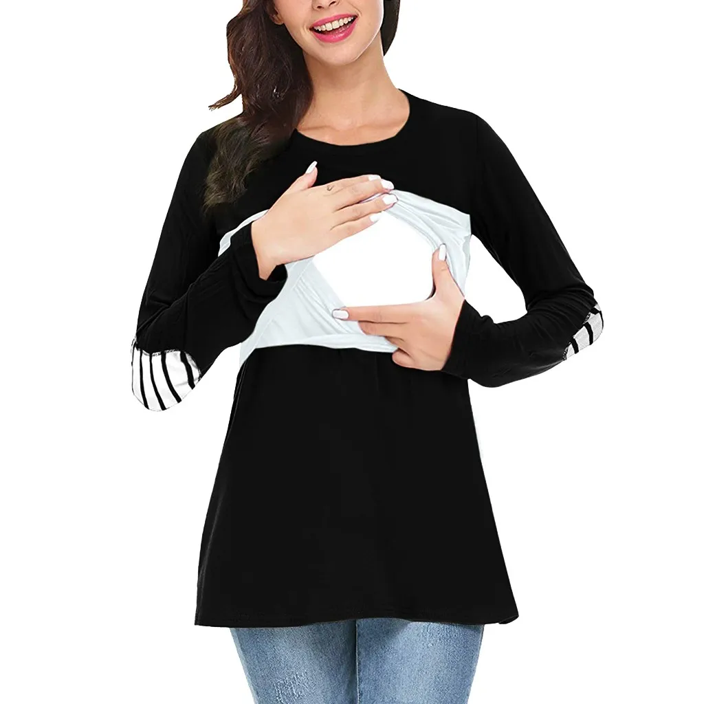

TELOTUNY Футболка для беременных женщин с длинным рукавом полосатые топы для кормящих матерей футболки для грудного вскармливания Одежда для б...