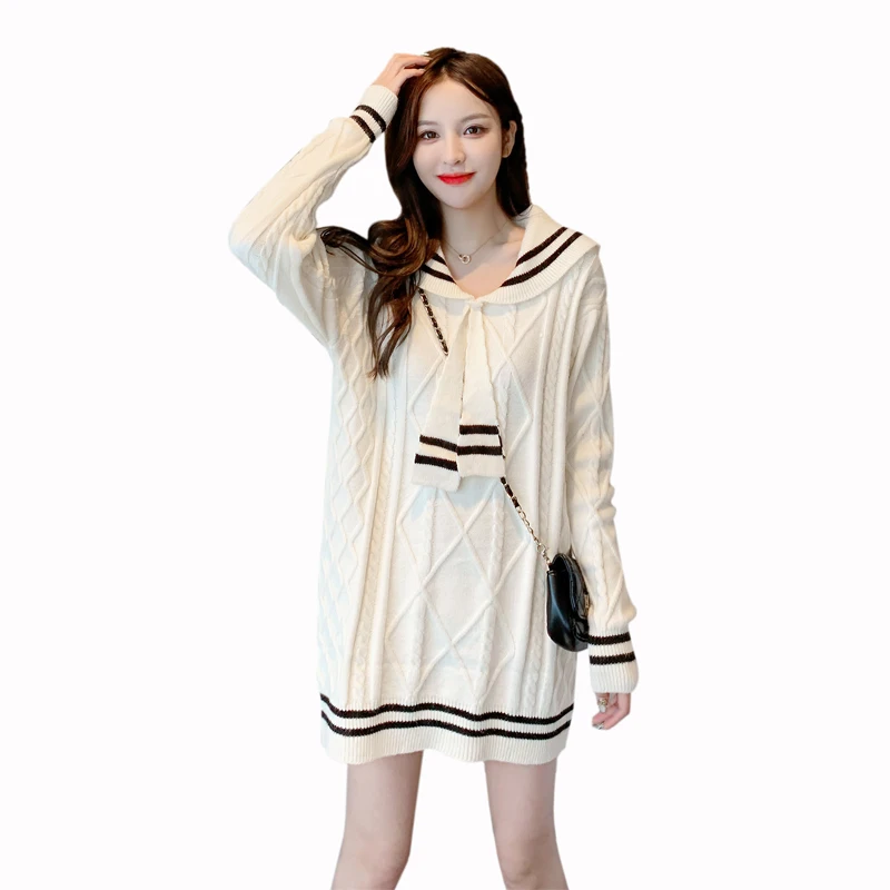 

New Elegant Women Autumn Winter College Wind Navy Neck Twist Sweater Pullover Mid-length Loose Lazy Knit Dress